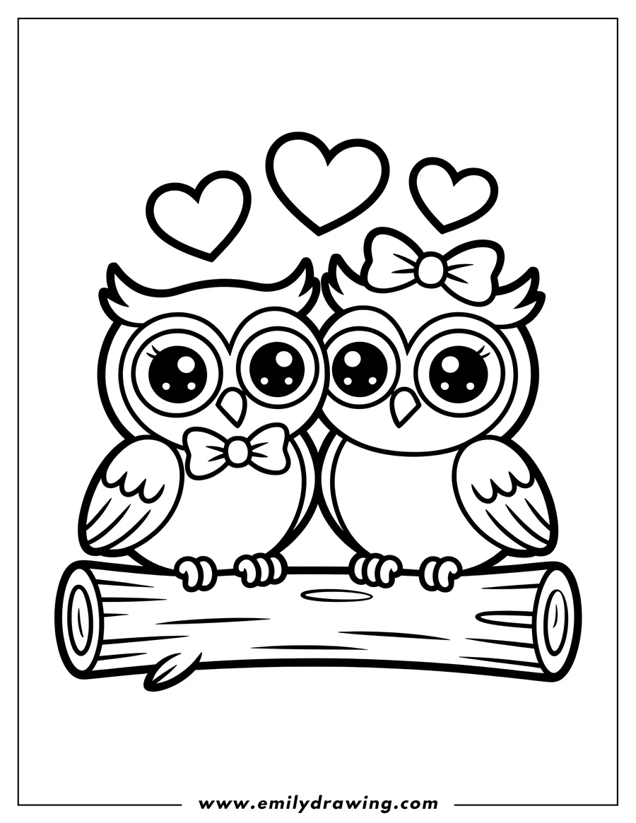 Line art of two owls sitting close together on a tree branch, with hearts floating above them. The owl on the left wears a bow tie, while the owl on the right has a bow on its head.