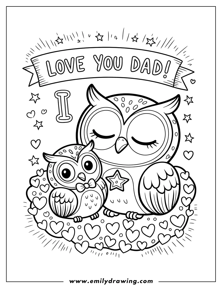 Line art of two owls sitting together, with a 'Love You Dad' banner above them, surrounded by hearts and stars.