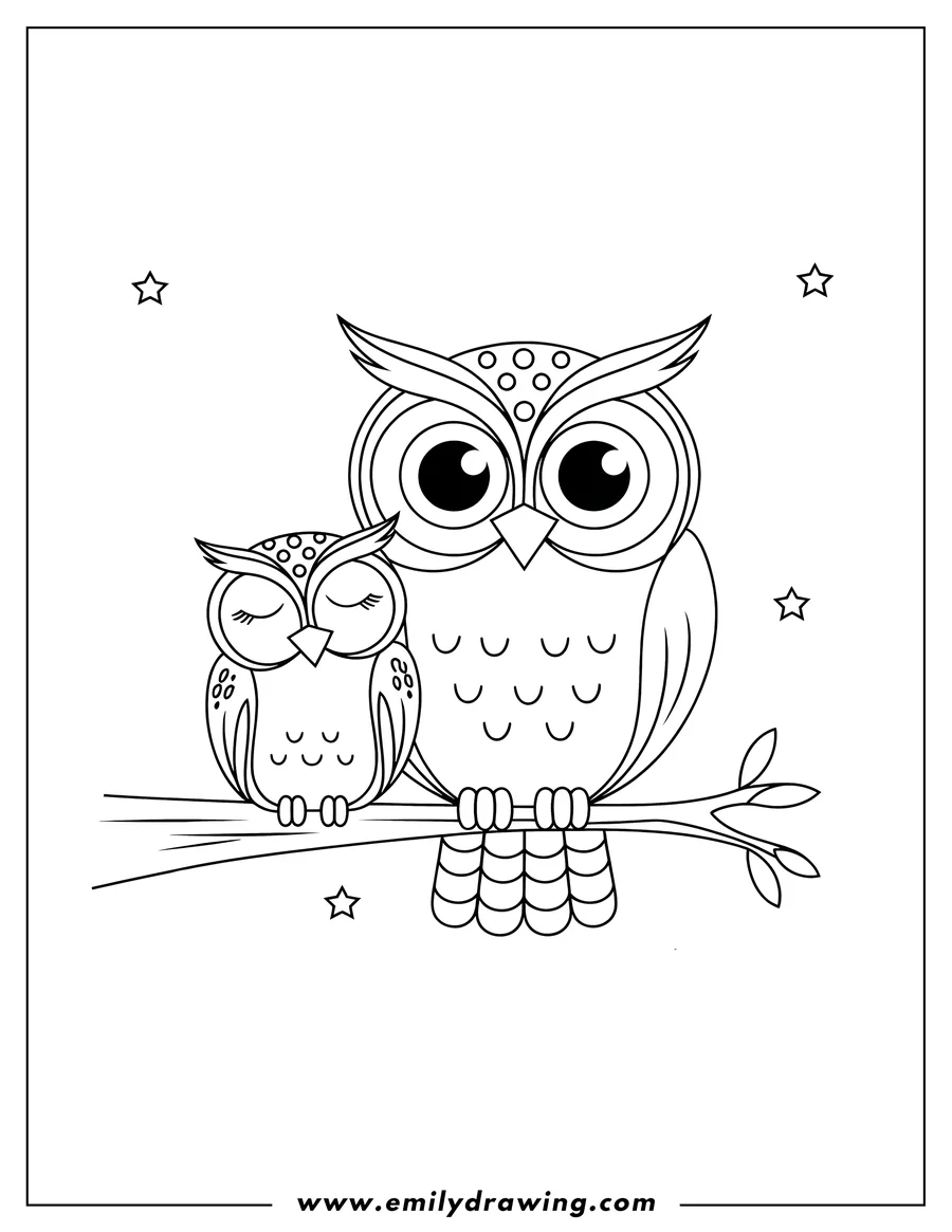 Line art of two owls perched on a tree branch. One owl has its eyes closed, while the other is looking forward. Stars decorate the background.