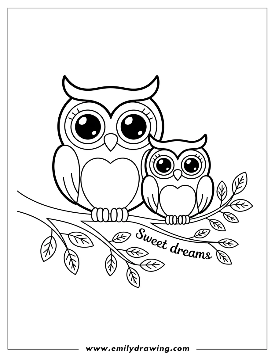 Outline of two owls, one large and one small, perched side-by-side on a leafy branch.