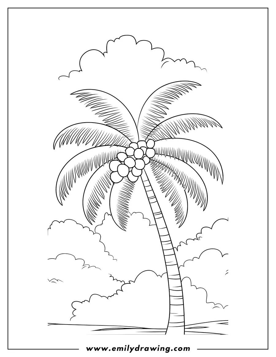 Line art of a tall palm tree with coconuts growing near some fluffy clouds.