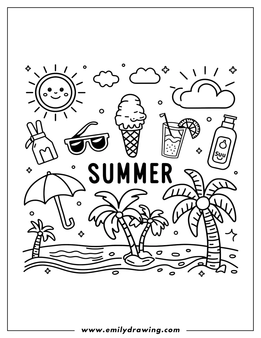 Outline of two palm trees growing on a beach with ocean waves, symbolizing summertime fun. Additional summer-themed elements like sunglasses, sunscreen, an ice cream cone, and a cool drink are also depicted.