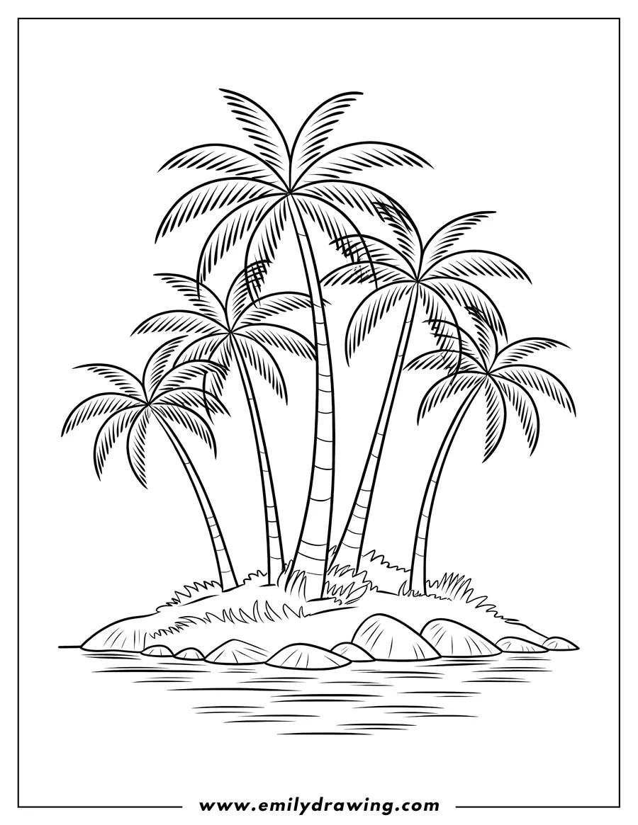 Outline of five palm trees growing on a small island surrounded by calm water.