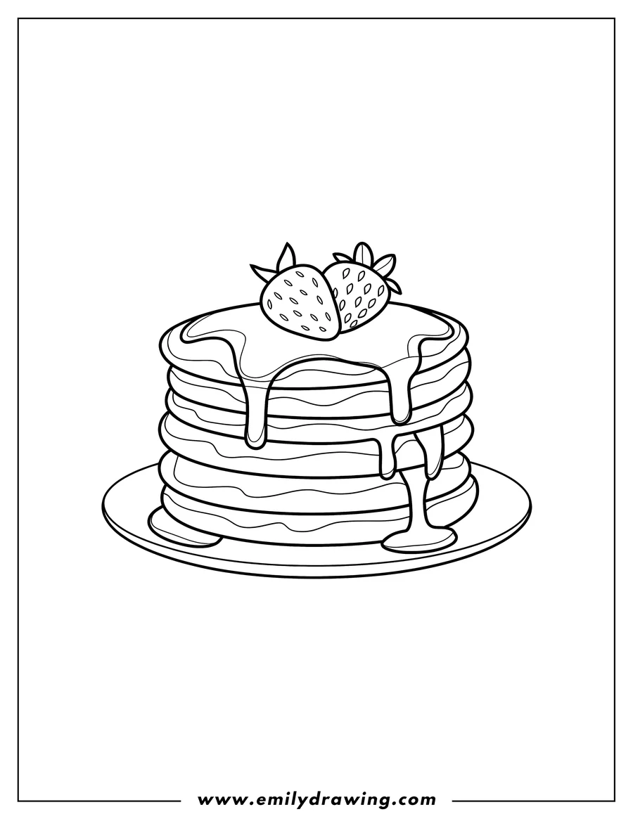 Outline of a stack of pancakes topped with two strawberries and syrup on a plate.