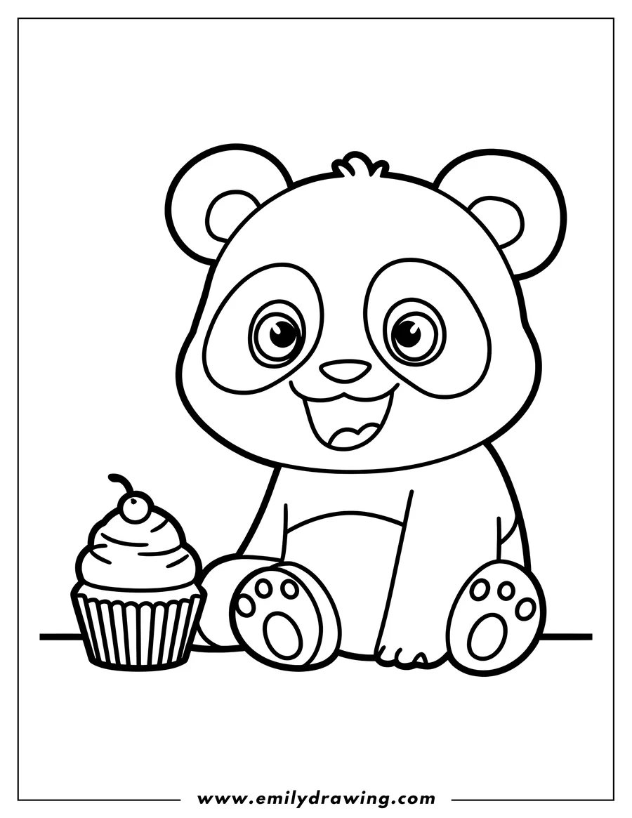 Line art of a panda sitting next to a cupcake with a cherry on top.