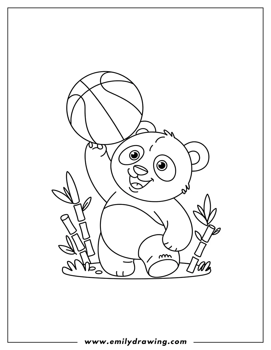 Line art of a panda holding a basketball, ready to play. Bamboo stalks are visible in the background.