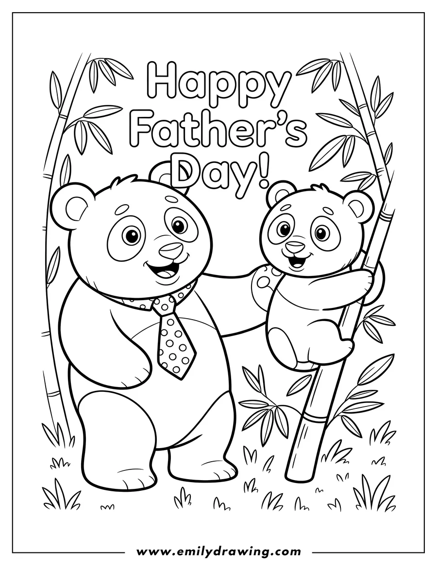 Line art of two pandas near bamboo stalks. The adult panda wears a tie. The baby panda clings to a bamboo stalk. The words 'Happy Father's Day!' appear above the pandas.