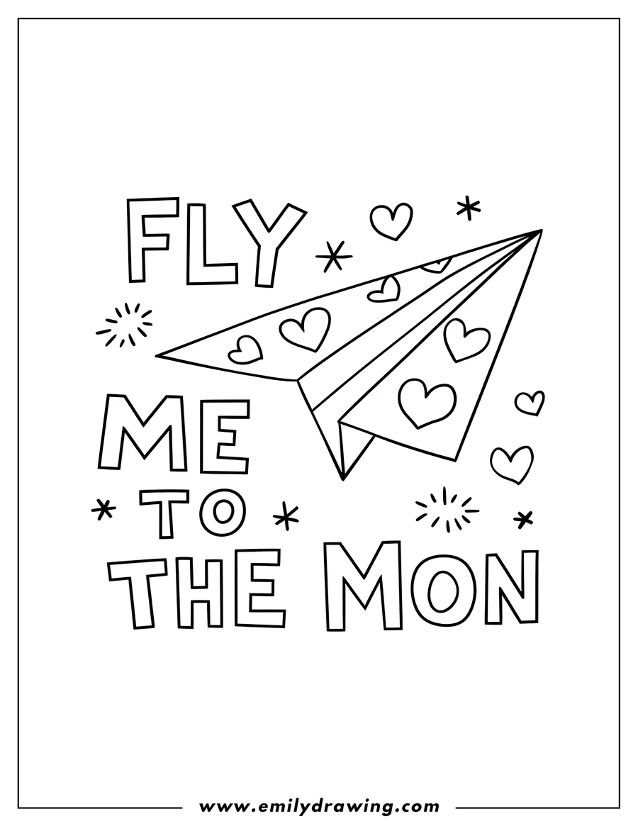 Line drawing of a paper airplane decorated with hearts.