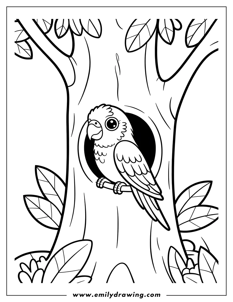 Outline of a parrot perched on a branch inside a tree hollow. The tree has large leaves surrounding the hollow.