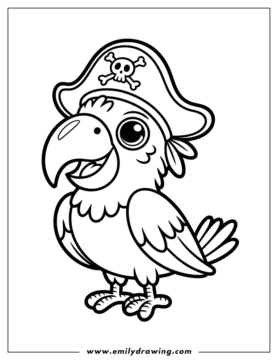 Outline of a parrot wearing a pirate hat with a skull and crossbones on it. The parrot is smiling and looks ready for an adventure.