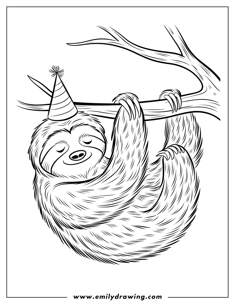 Line art of a sloth hanging from a tree branch, wearing a festive party hat.