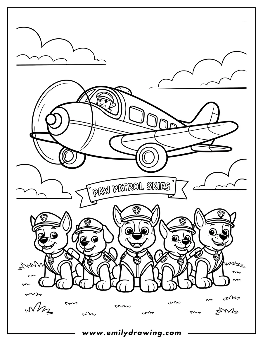 Outline of Skye from Paw Patrol piloting a plane, with the Paw Patrol pups standing at attention below.