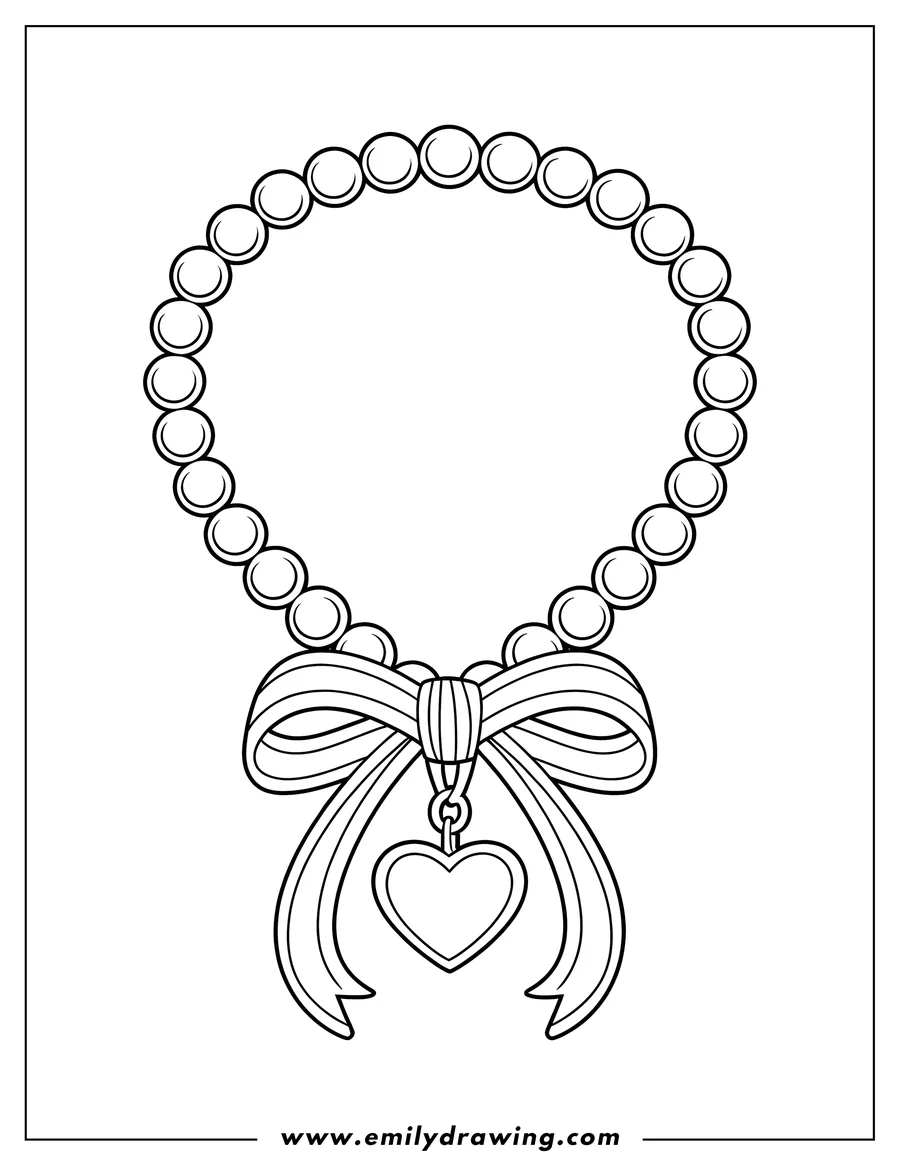 Outline of a pearl necklace with a bow and a heart-shaped pendant.