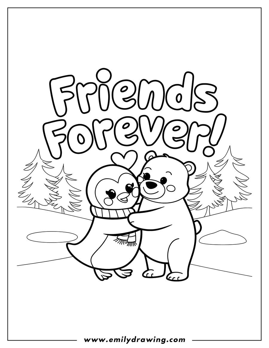 Outline of a penguin and bear hugging, with a snowy forest background. The penguin is wearing a scarf.