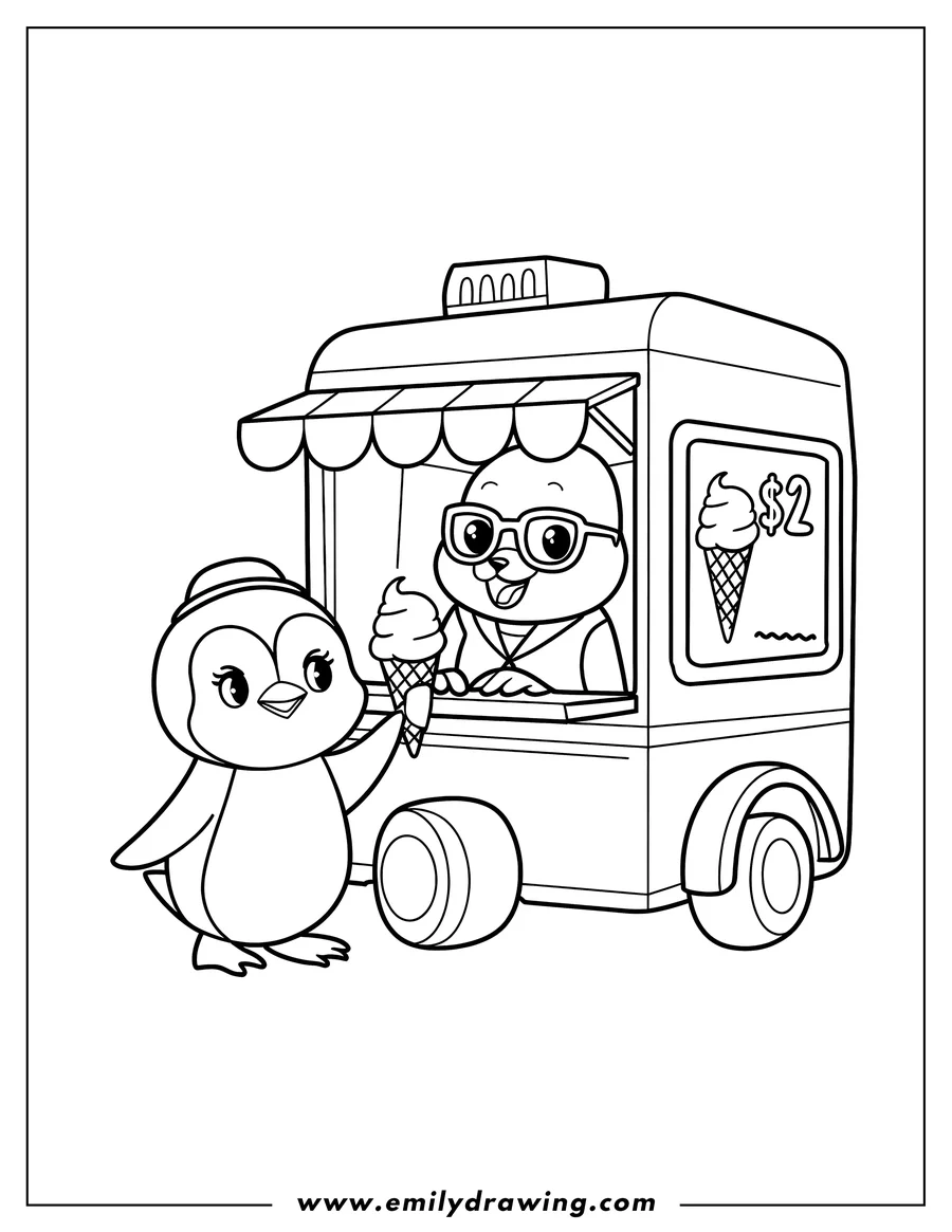 Outline of a penguin buying ice cream from a truck. The penguin wears a hat. The truck has an awning, a sign showing an ice cream cone for $2, and large tires.