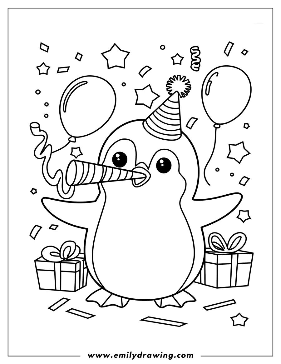 Outline of a penguin at a birthday party, wearing a party hat and blowing a noisemaker, with presents and balloons around.