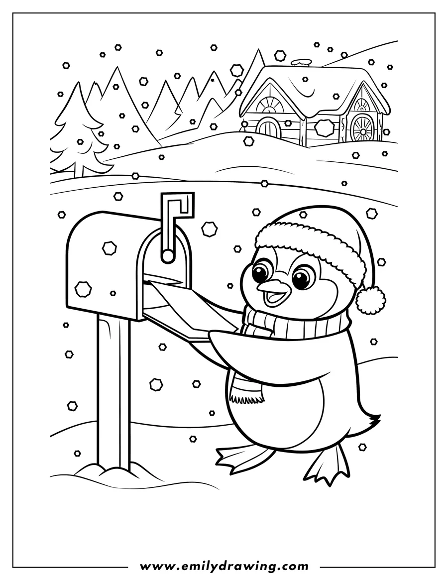 Outline of a penguin wearing a Santa hat and scarf, putting mail in a mailbox in a snowy scene with a house and trees in the background.