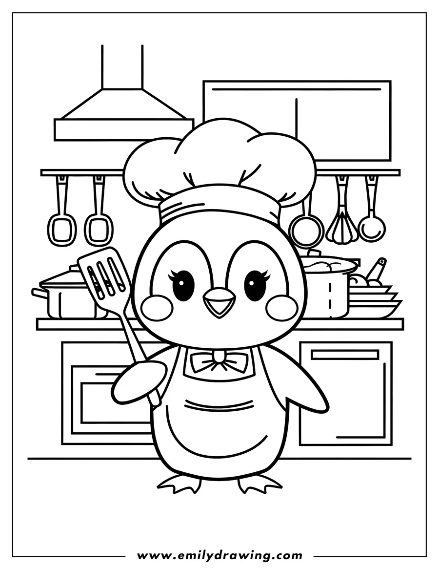 Line art of a penguin chef standing in a kitchen, wearing a chef's hat and apron, and holding a spatula. Various kitchen utensils and cookware are visible in the background.