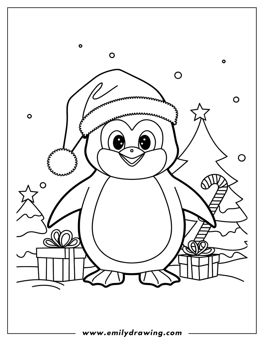 Line art of a penguin wearing a Santa hat, standing near Christmas presents, a candy cane, and a Christmas tree.