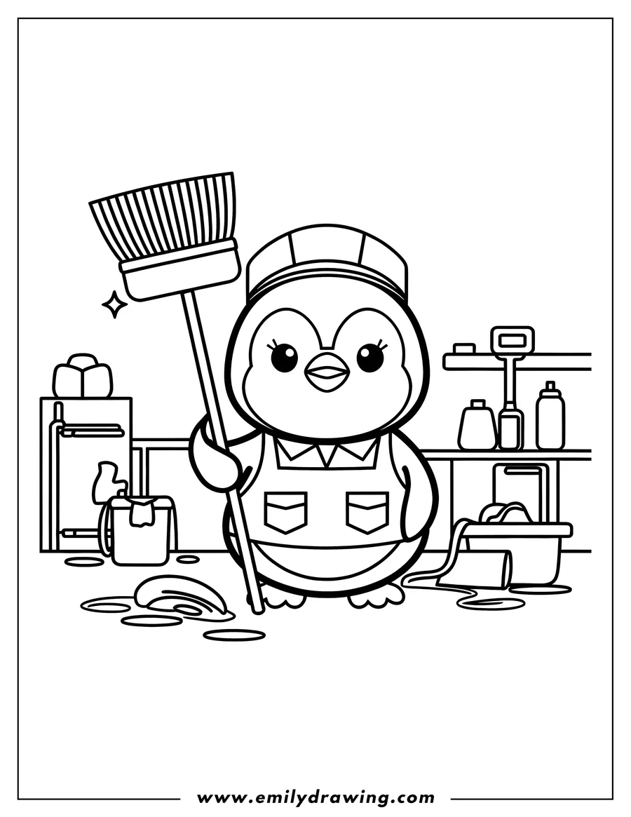 Line art of a penguin wearing an apron and holding a broom, ready to clean up spills. A tipped-over bucket and cleaning supplies are visible in the background.