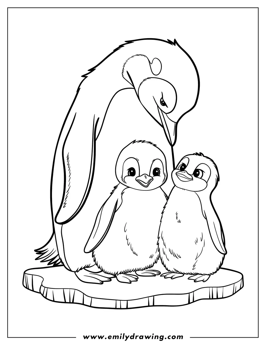 Line art of a penguin family standing on an ice floe. Two fluffy baby penguins stand near their parent. The parent penguin looks down at the babies.