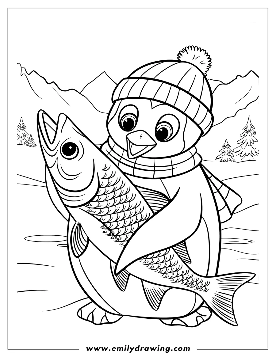 Line art of a penguin wearing a winter hat and scarf, holding a large fish. There are mountains and pine trees in the background.