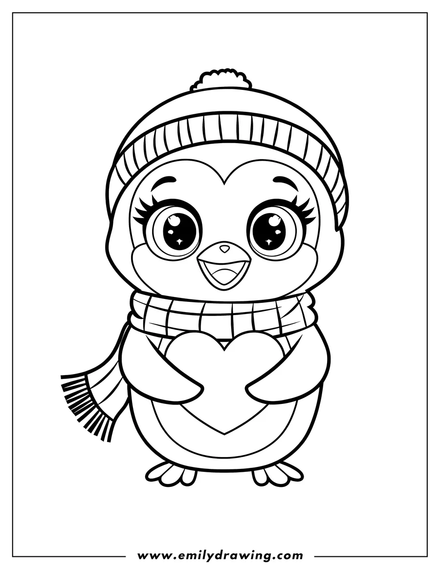 Outline of a penguin wearing a winter hat and scarf, holding a heart in its flippers.