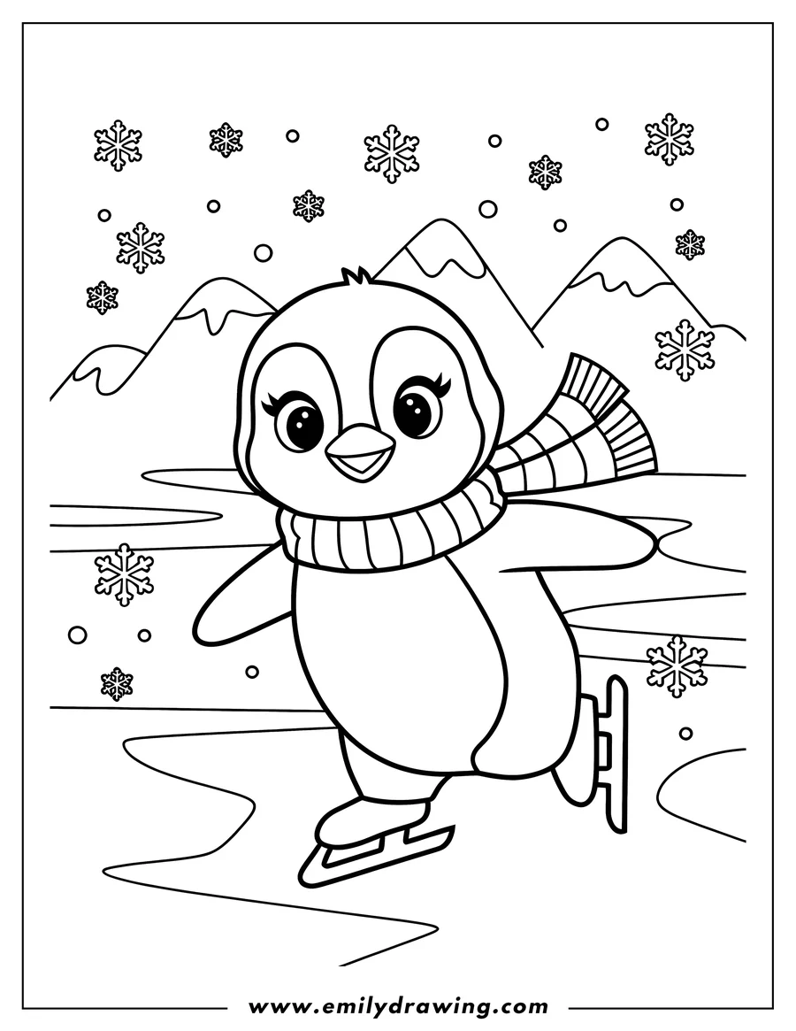 Line art of a penguin wearing a scarf and ice skating with snowy mountains in the background.