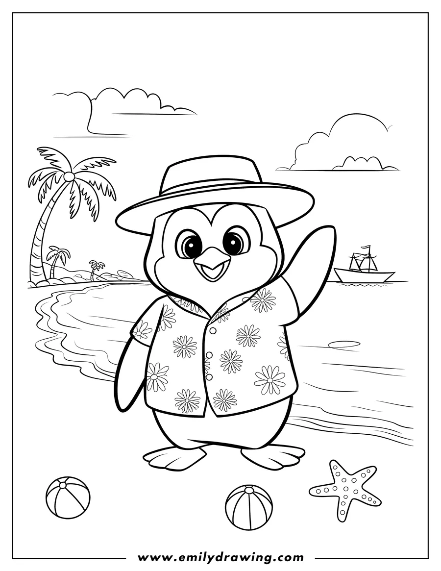 Line art of a penguin dressed in a floral shirt and hat, waving on a beach with beach balls, a starfish, palm trees, and a sailboat in the background.