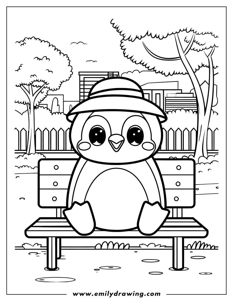 Outline of a penguin wearing a hat and sitting on a park bench. Trees, a fence, and buildings are in the background.