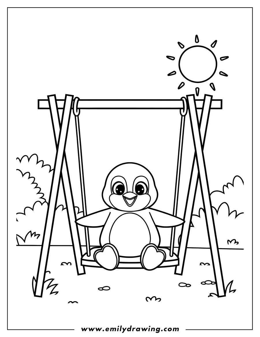 Outline of a penguin sitting on a swing set. The sun shines brightly overhead.