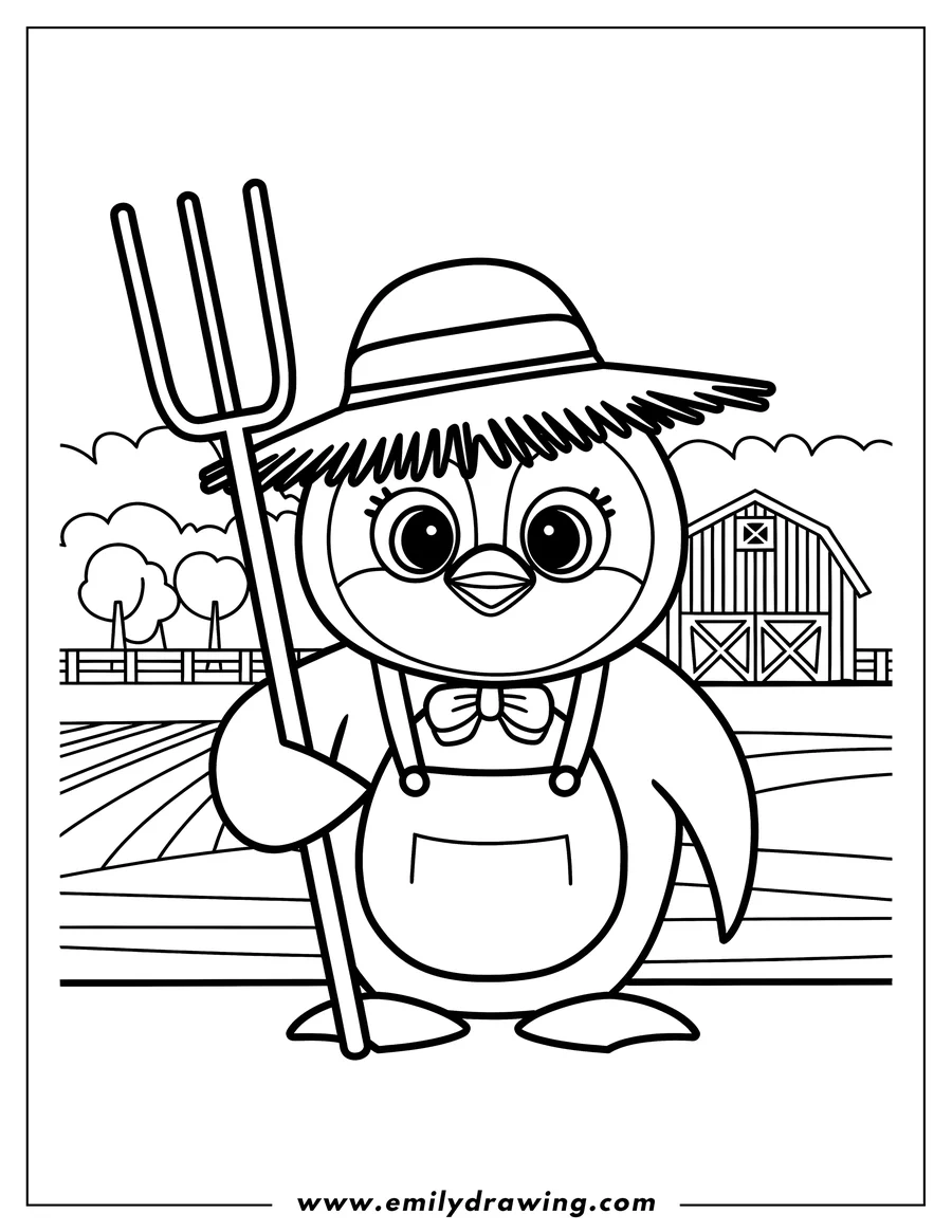 Outline of a penguin dressed in farmer's overalls and a straw hat, holding a pitchfork on a farm with a barn in the background.