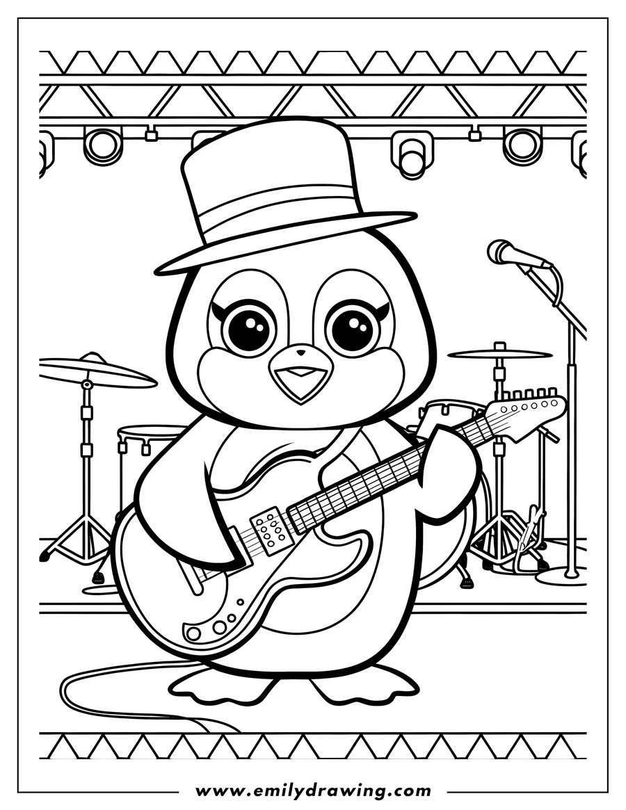 Line art of a penguin wearing a hat and playing an electric guitar on a stage with a drum set and microphone.