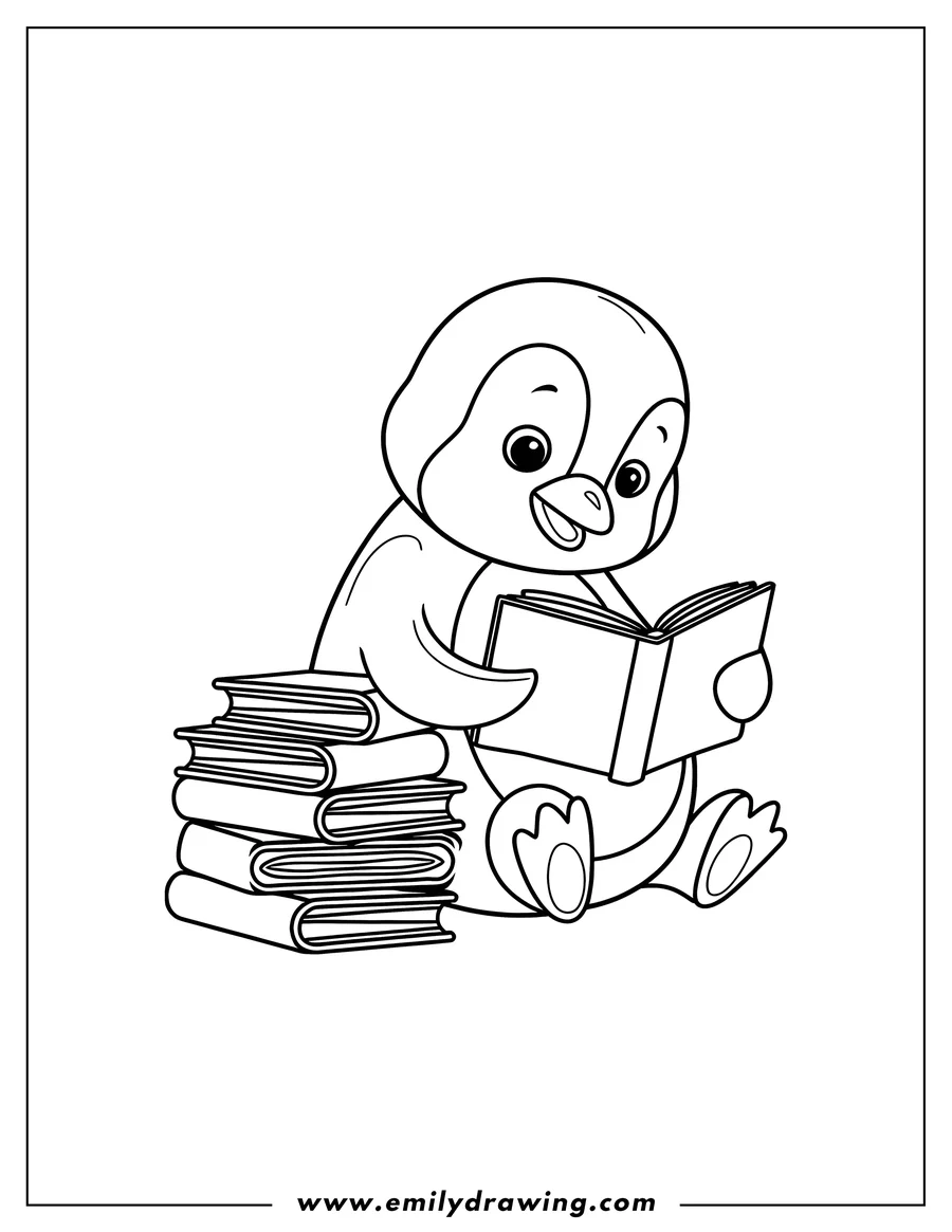 Outline of a penguin sitting and reading a book with a stack of books beside it.