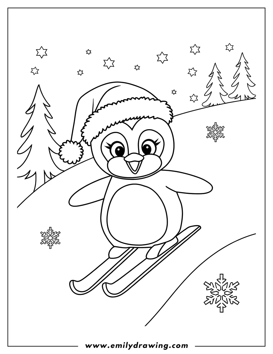 Line art of a penguin wearing a Santa hat and skiing down a hill. Snowflakes and pine trees are in the background.