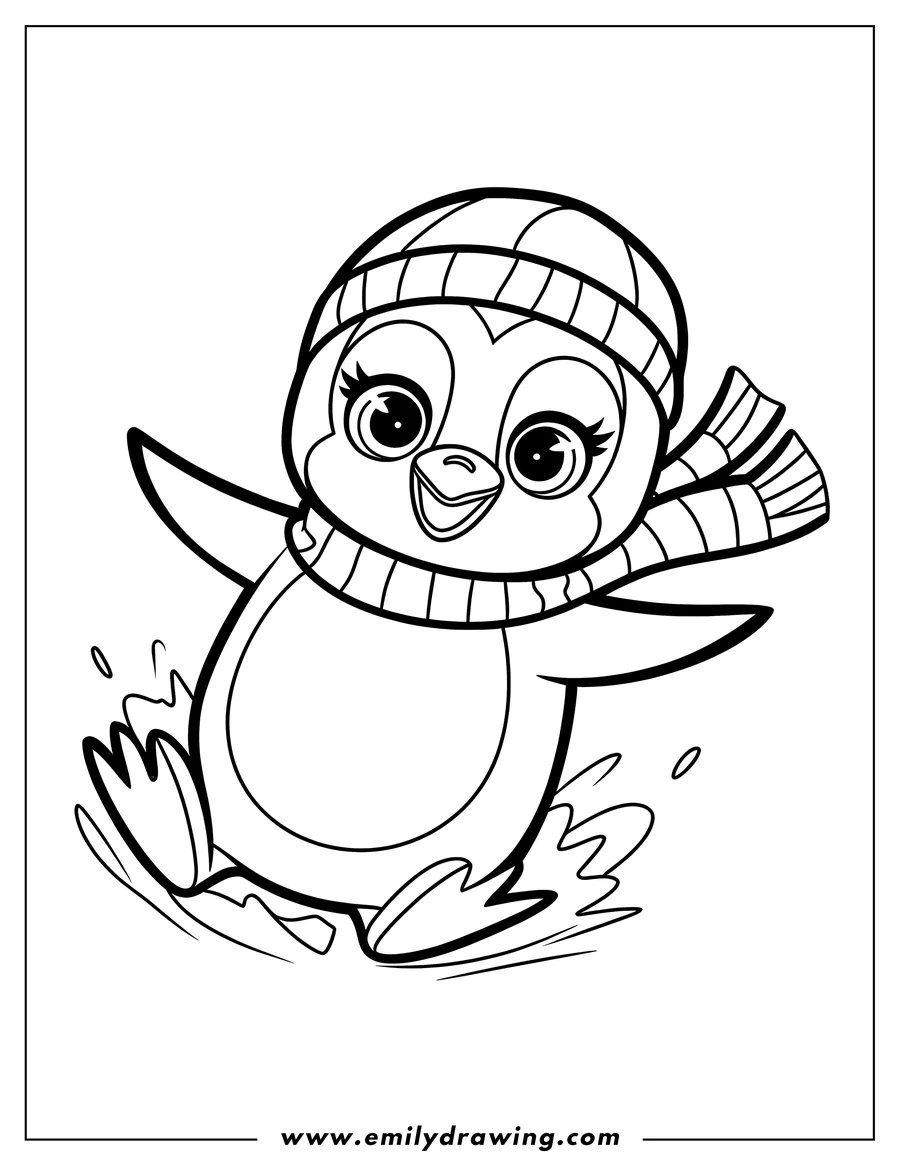 Outline of a happy penguin sliding on the ice, wearing a striped hat and scarf.