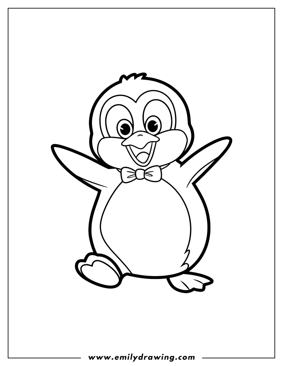 Outline of a cheerful penguin wearing a bow tie.