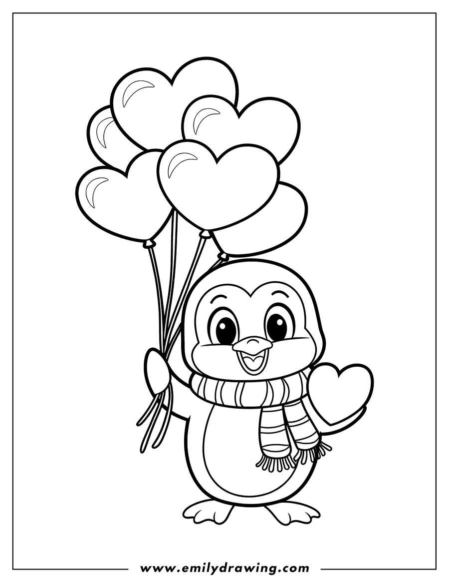 Outline of a penguin holding heart-shaped balloons and a heart, wearing a striped scarf.