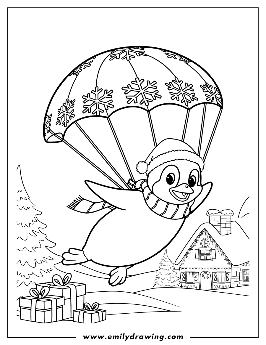 Outline of a penguin wearing a Santa hat and scarf, gliding with a snowflake-decorated parachute over a snowy landscape with presents and a gingerbread house.