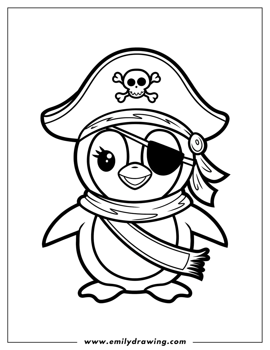 Outline of a penguin wearing a pirate hat with a skull and crossbones on it, an eye patch, and a scarf.