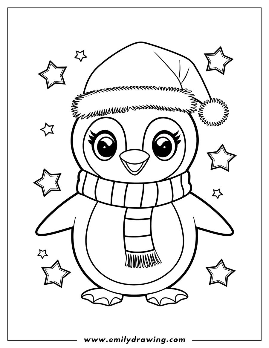Line art of a penguin wearing a Santa hat and a striped scarf, surrounded by stars.