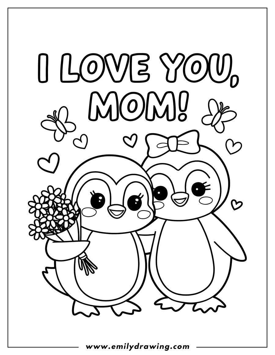Two penguins, one holding flowers, stand together below the message 'I love you, Mom!', surrounded by hearts and butterflies.