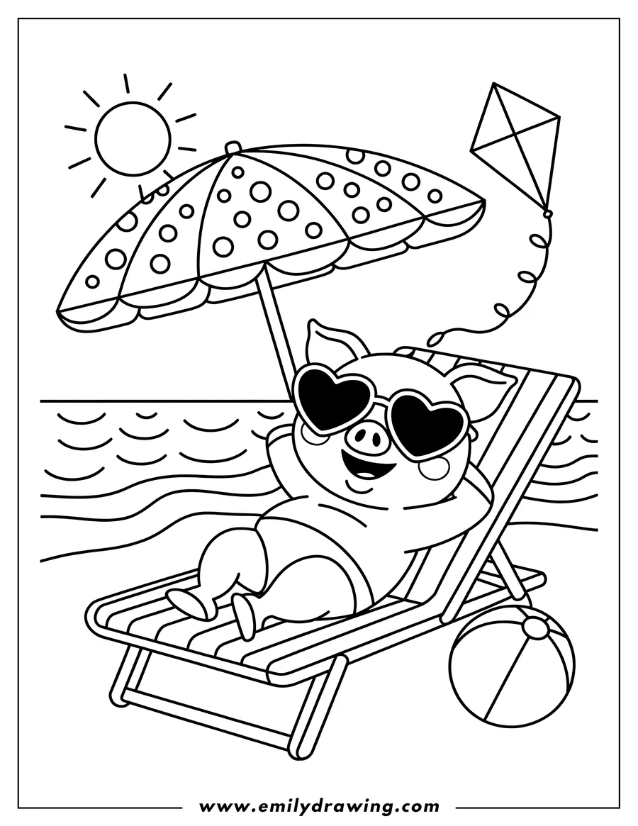 Outline of a pig wearing heart-shaped sunglasses, relaxing on a beach chair under a polka-dot umbrella. A beach ball sits nearby, and a kite flies in the background.
