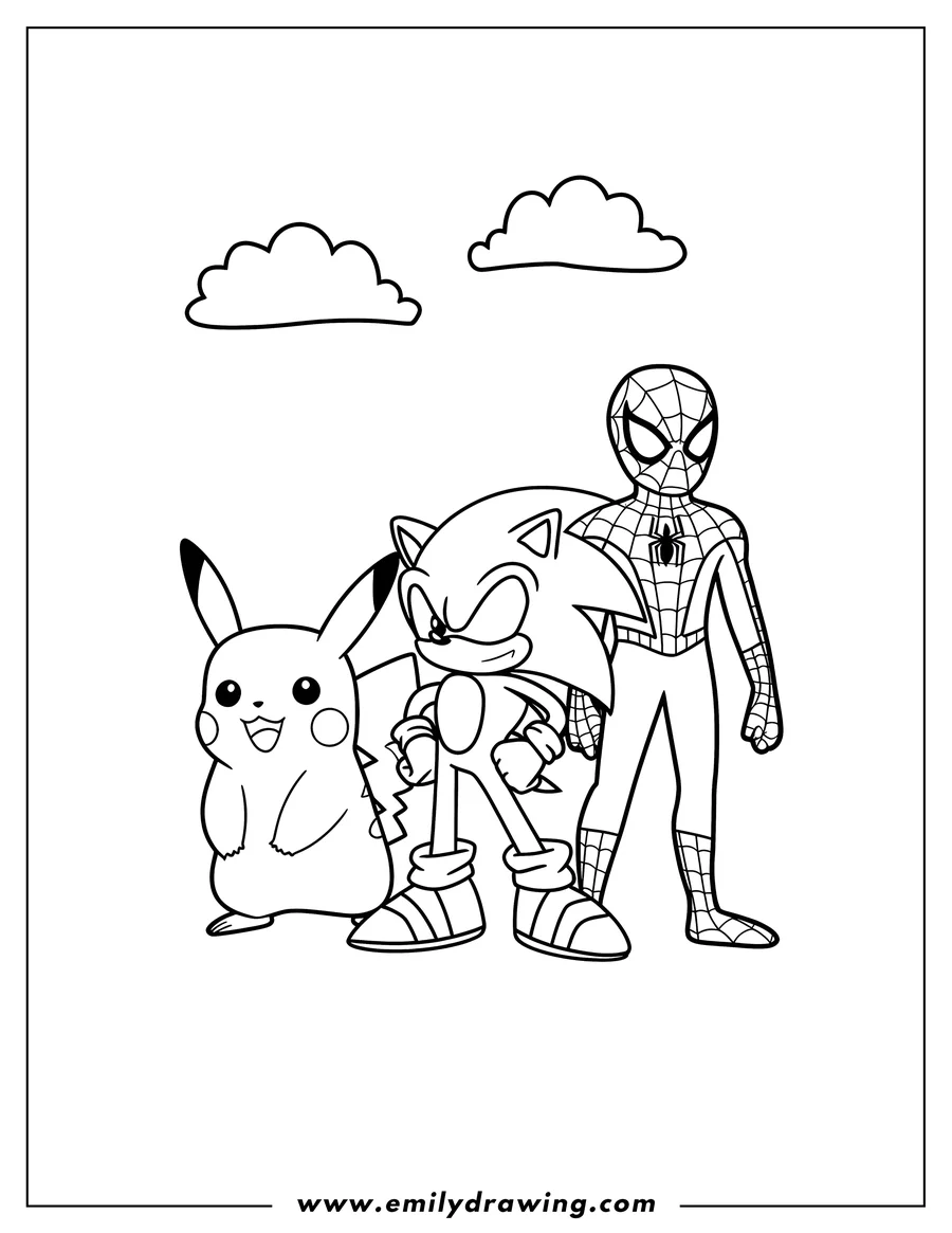 Line art of Pikachu, Sonic the Hedgehog, and Spider-Man standing side by side, ready to be colored.