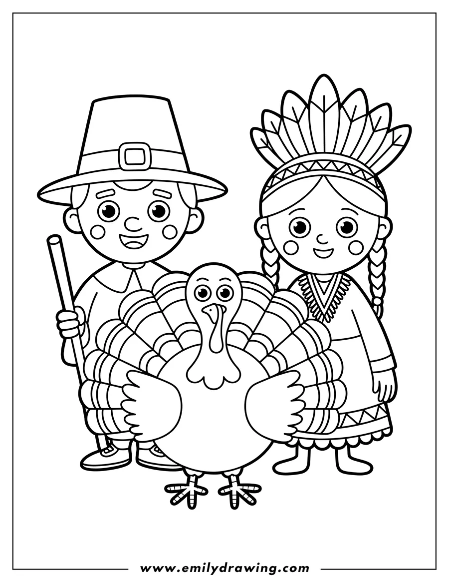 Outline of a pilgrim, a Native American, and a turkey, likely a Thanksgiving scene.