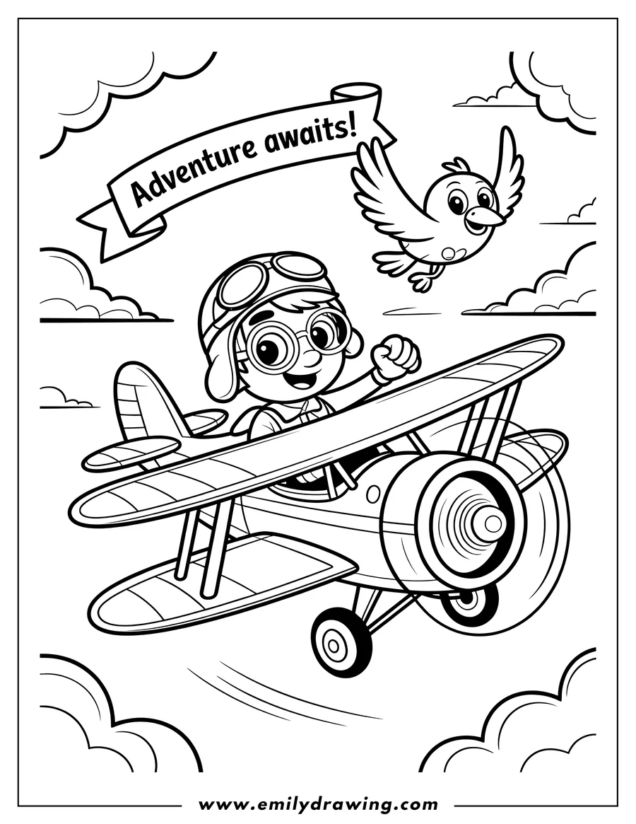 Line art of a pilot flying a biplane with a small bird flying nearby. The pilot is wearing goggles and a helmet. The biplane has two sets of wings.
