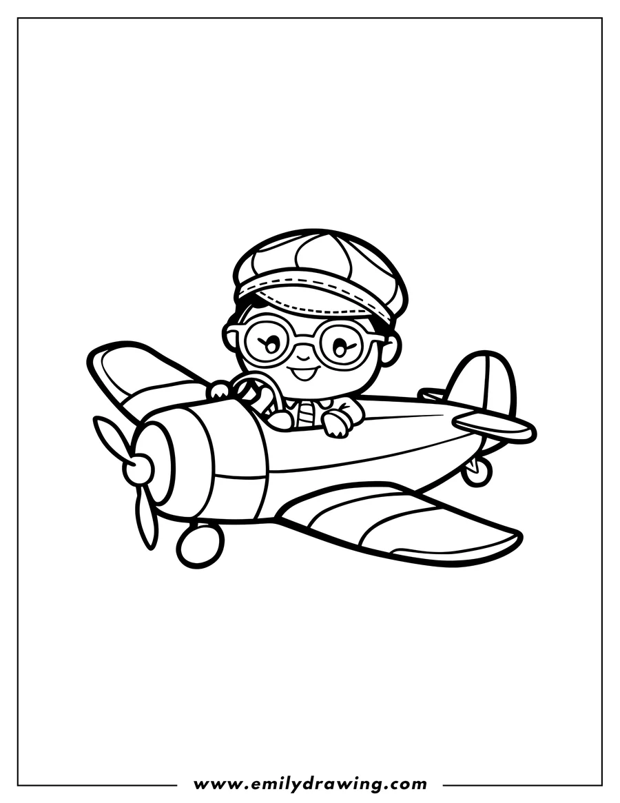 Line art of a pilot with goggles and hat, flying a small propeller plane.