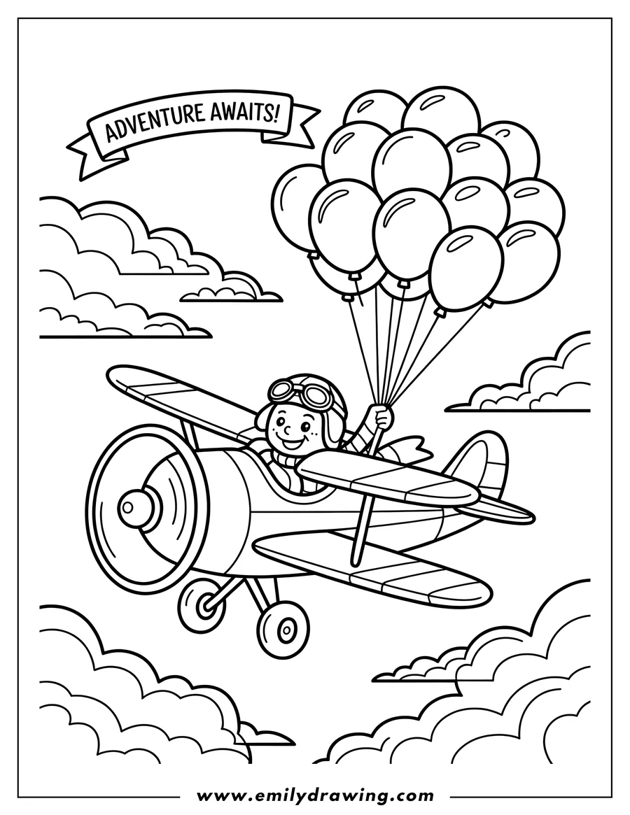 Outline of a pilot flying a biplane while holding a bunch of balloons, soaring above the clouds.
