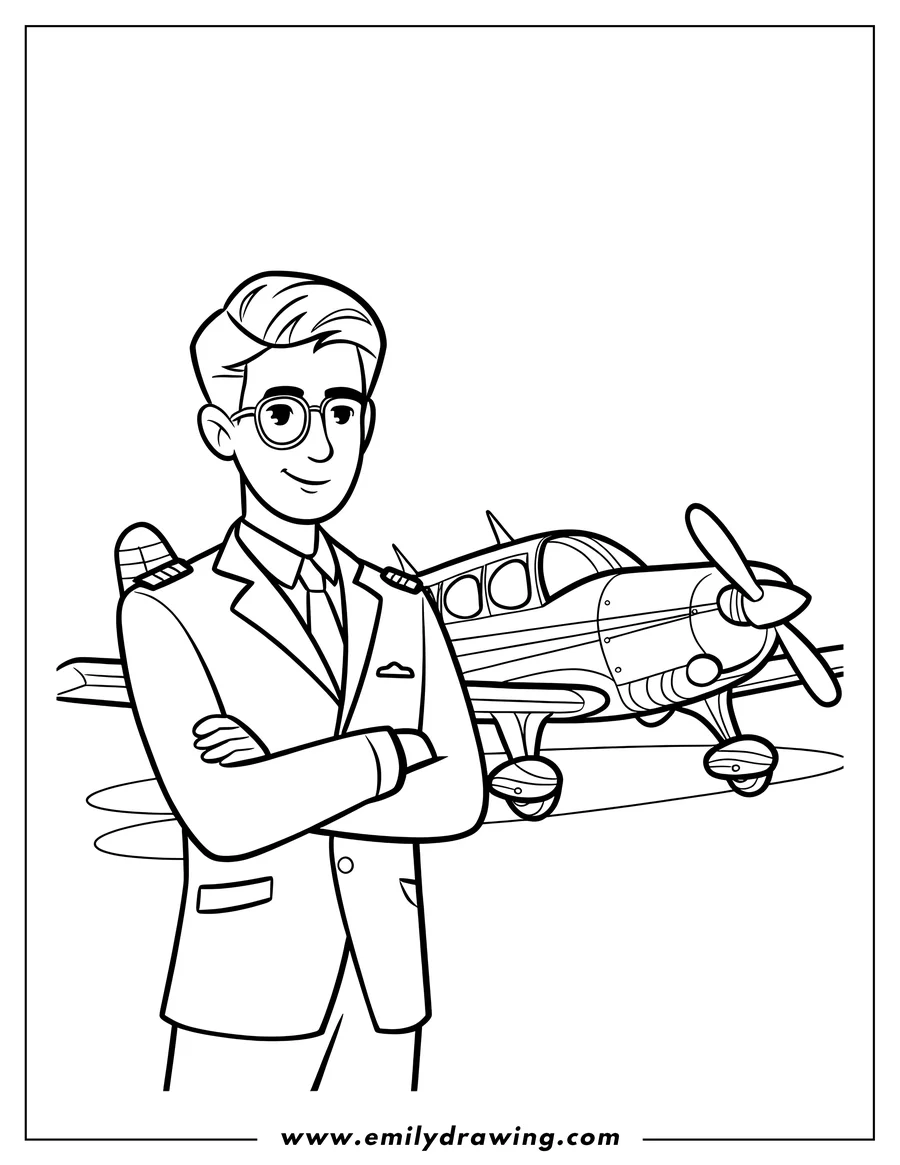 Outline of a pilot in uniform with arms crossed, standing next to a small airplane on the tarmac.