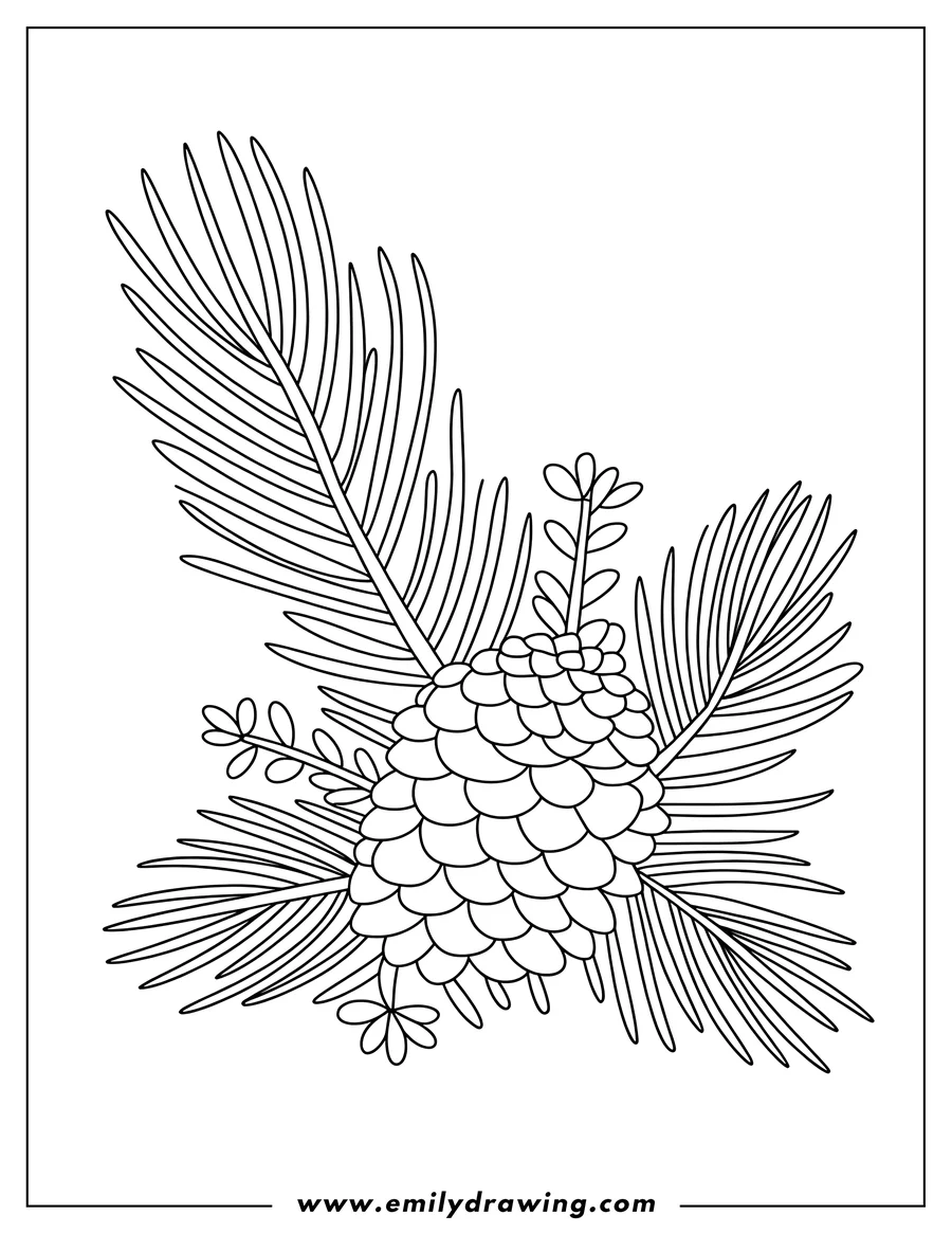 Line art of a pine cone surrounded by pine branches and small flowers.